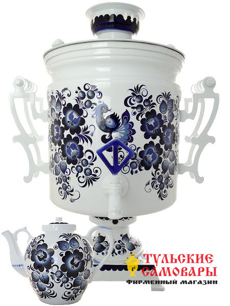 Комплект "Гжель": самовар электрический 45 литров с автоматическим отключением и заварочный чайник, арт. 110919 фото 1 — Samovars.ru