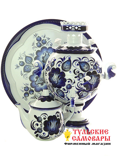 Набор самовар электрический 3 л с росписью "Гжель холодная" шар арт.103568 фото 1 — Samovars.ru
