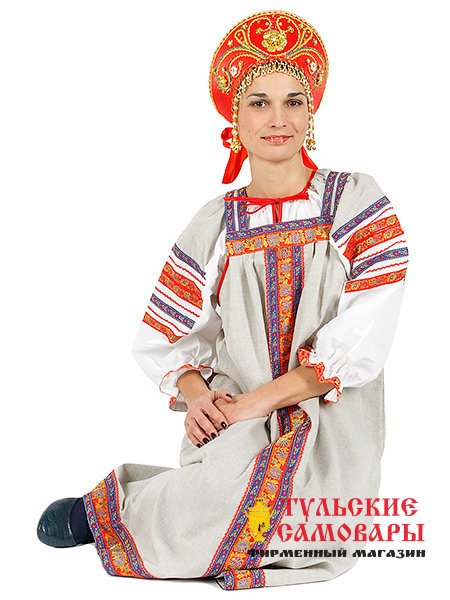 Русский народный костюм "Забава" льняной бежевый сарафан и блузка XL-XXXL фото 1 — Samovars.ru