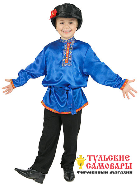 Детская косоворотка на мальчика атласная синяя на возраст 7-12 лет фото 1 — Samovars.ru
